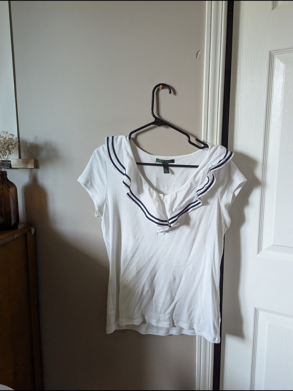 Lauren Ralph Lauren White Short-Sleeve Sailor Collar Top with Navy Trim